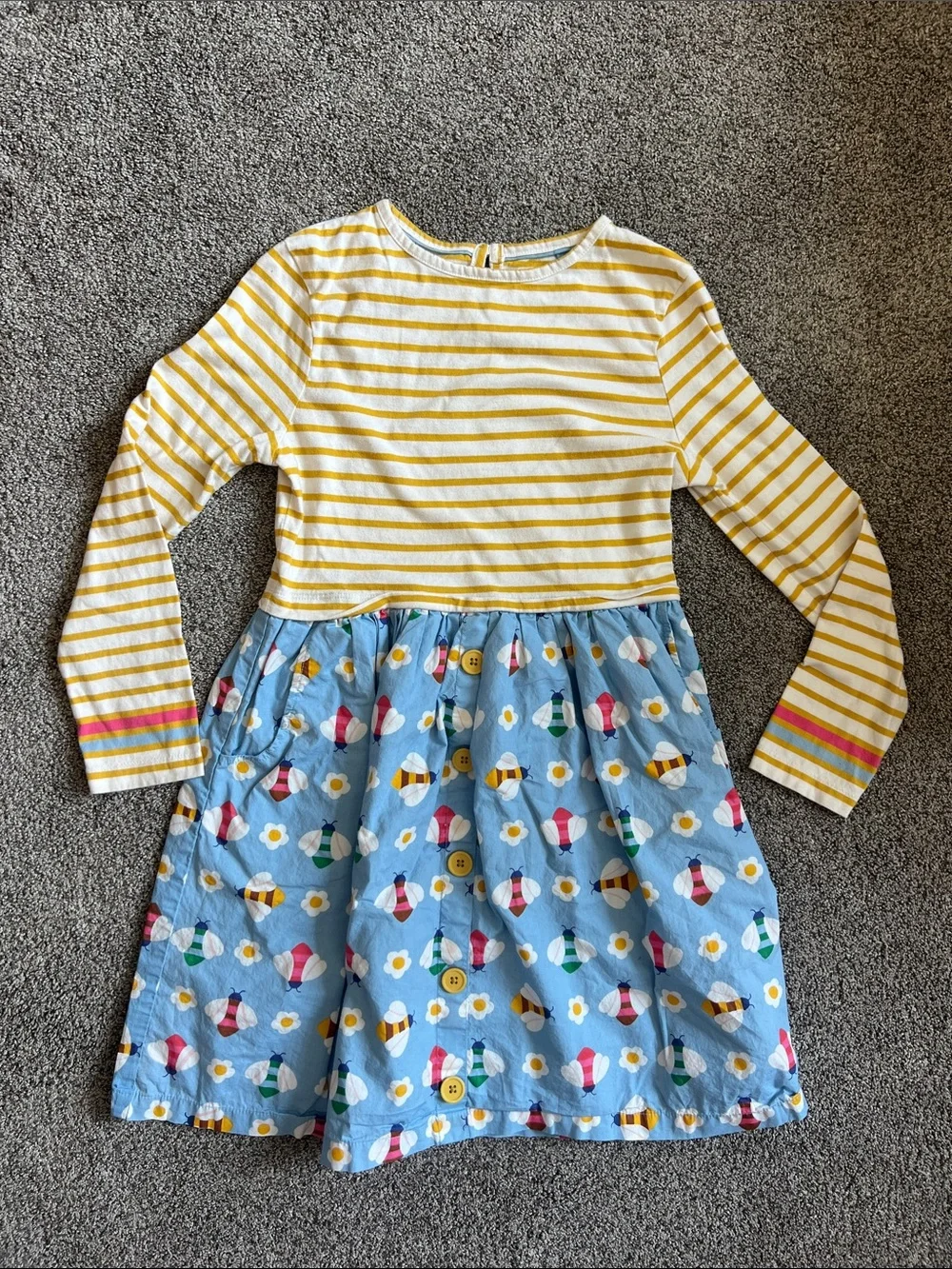 Mini Boden Yellow-Striped Top with Blue Floral & Bee Skirt Dress